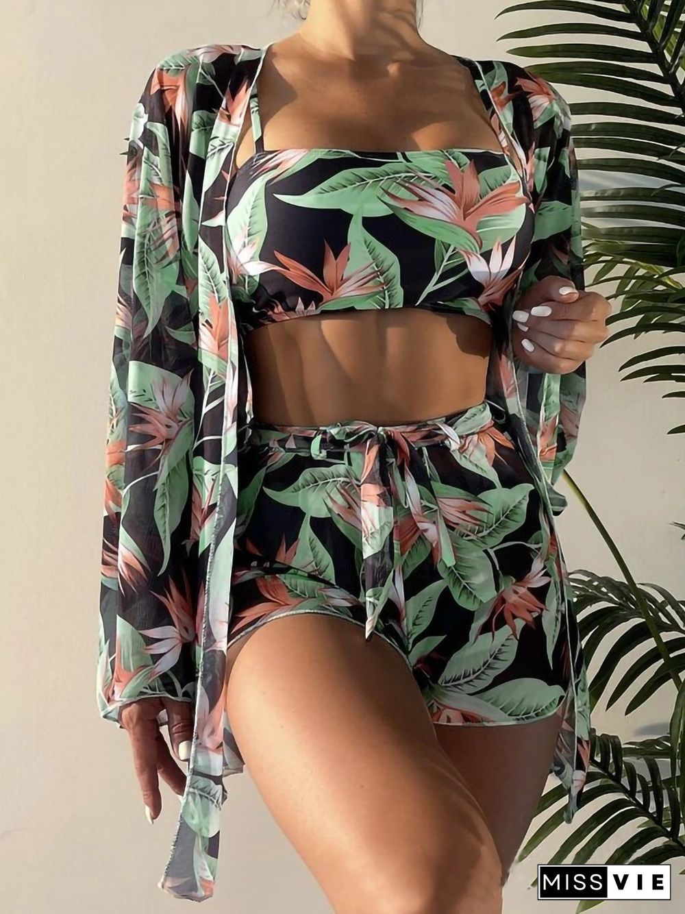 Floral Printed Lace-up Long Sleeve Bikini Three-piece Set