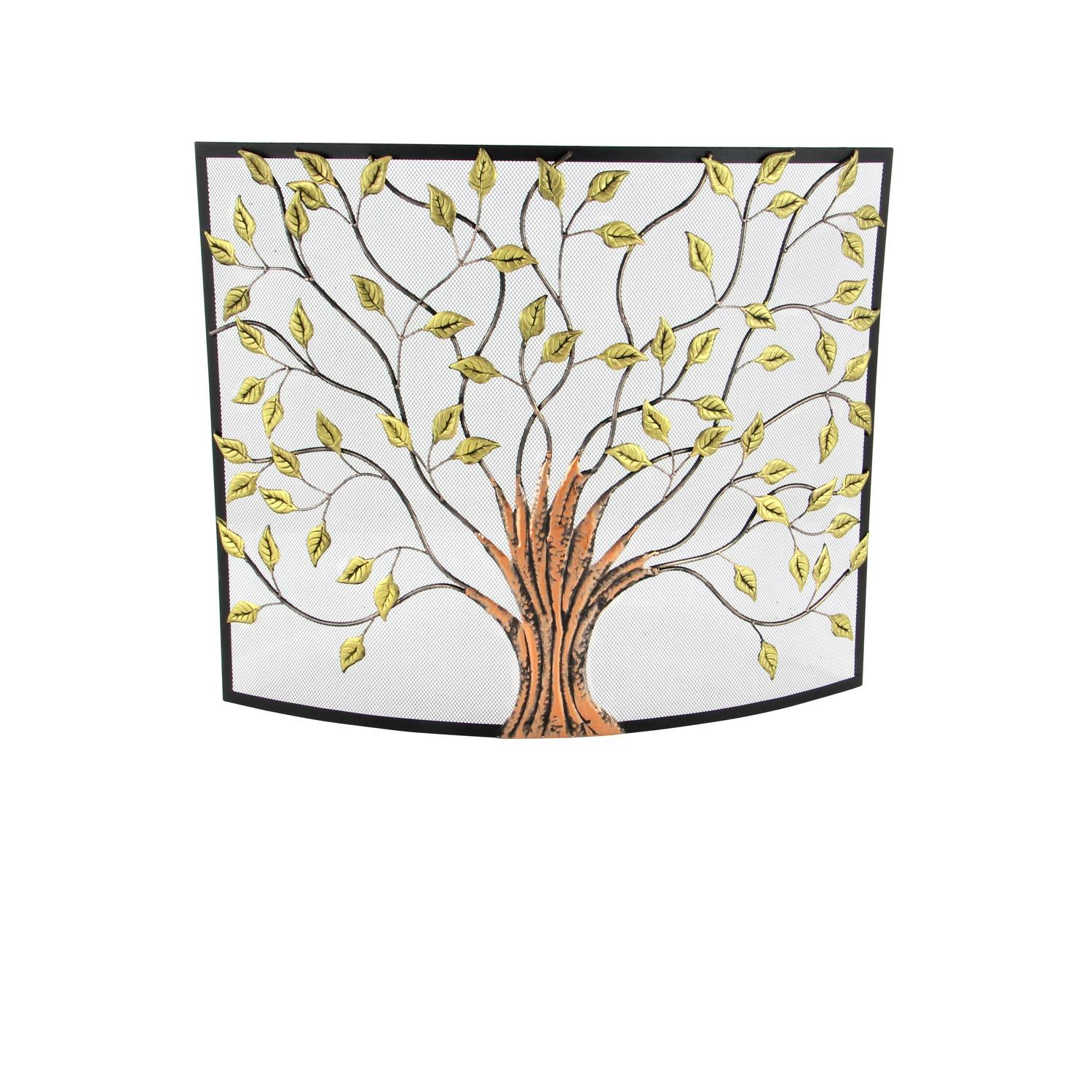 Dec Mode Farmhouse Metal Fireplace Screen with Brown and Green Tree Detail， 39 W x 33 H， Black Frame