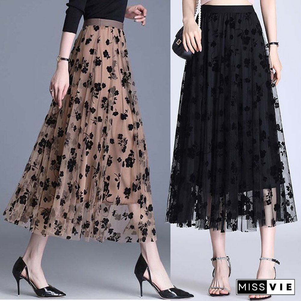 Wome Lace Long Skirt High Waist Tulle Skirts Ladies Summer Casual Loose Elegant Maxi Skirts