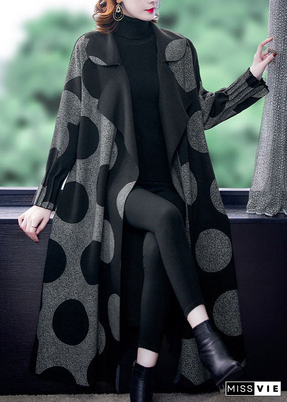 Boutique Black Patchwork Dot Print Loose Fall Long sleeve Coat