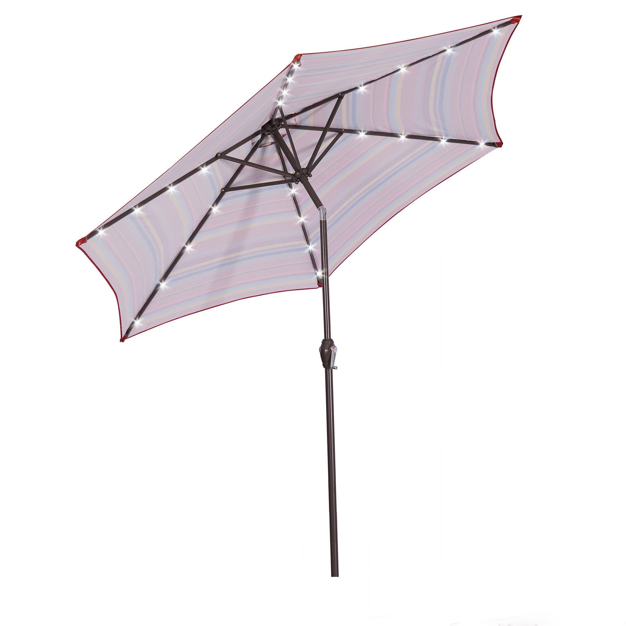 Outdoor Patio 8.7-Feet Market Table Umbrella With Push Button Tilt And Crank, Red Stripes With 24 Led Lights (Umbrella Base Is Not Included)