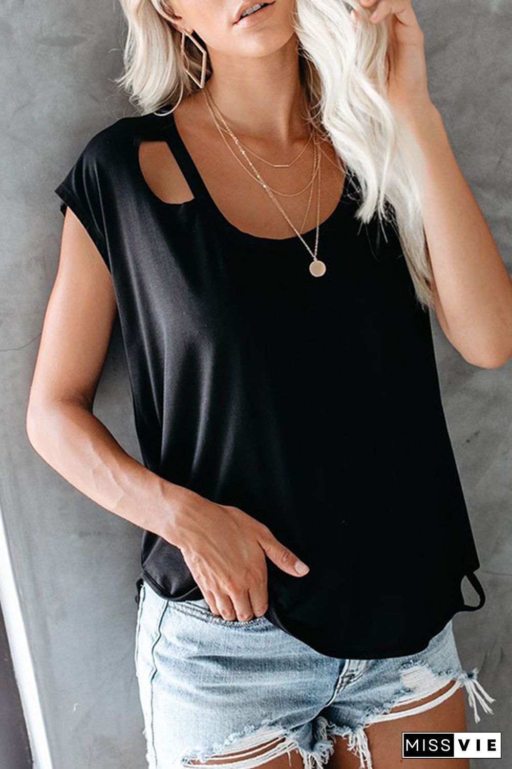 Casual Solid Ripped O Neck T-Shirts(7 Colors)