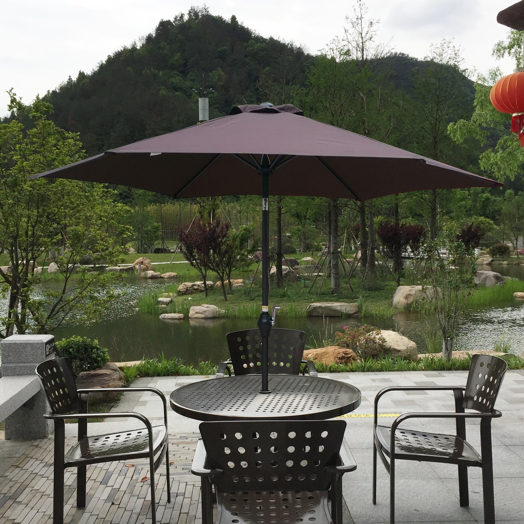 9FT Round Outdoor Market Table Umbrella Patio Umbrella with Push Button Tilt and Crank, 6 Sturdy Ribs for Garden Lawn Backyard Pool, Base Not Included - Coffee