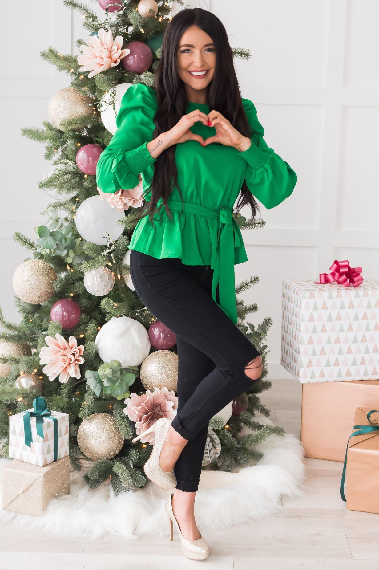 Santa's Helper Puff Sleeve Modest Blouse