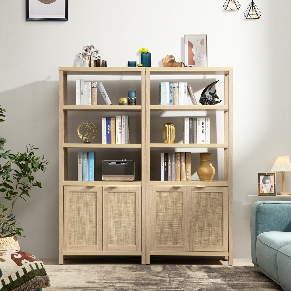 SICOTAS 5 Tier Adjustable Bookshelf with Rattan Storage Cabinet