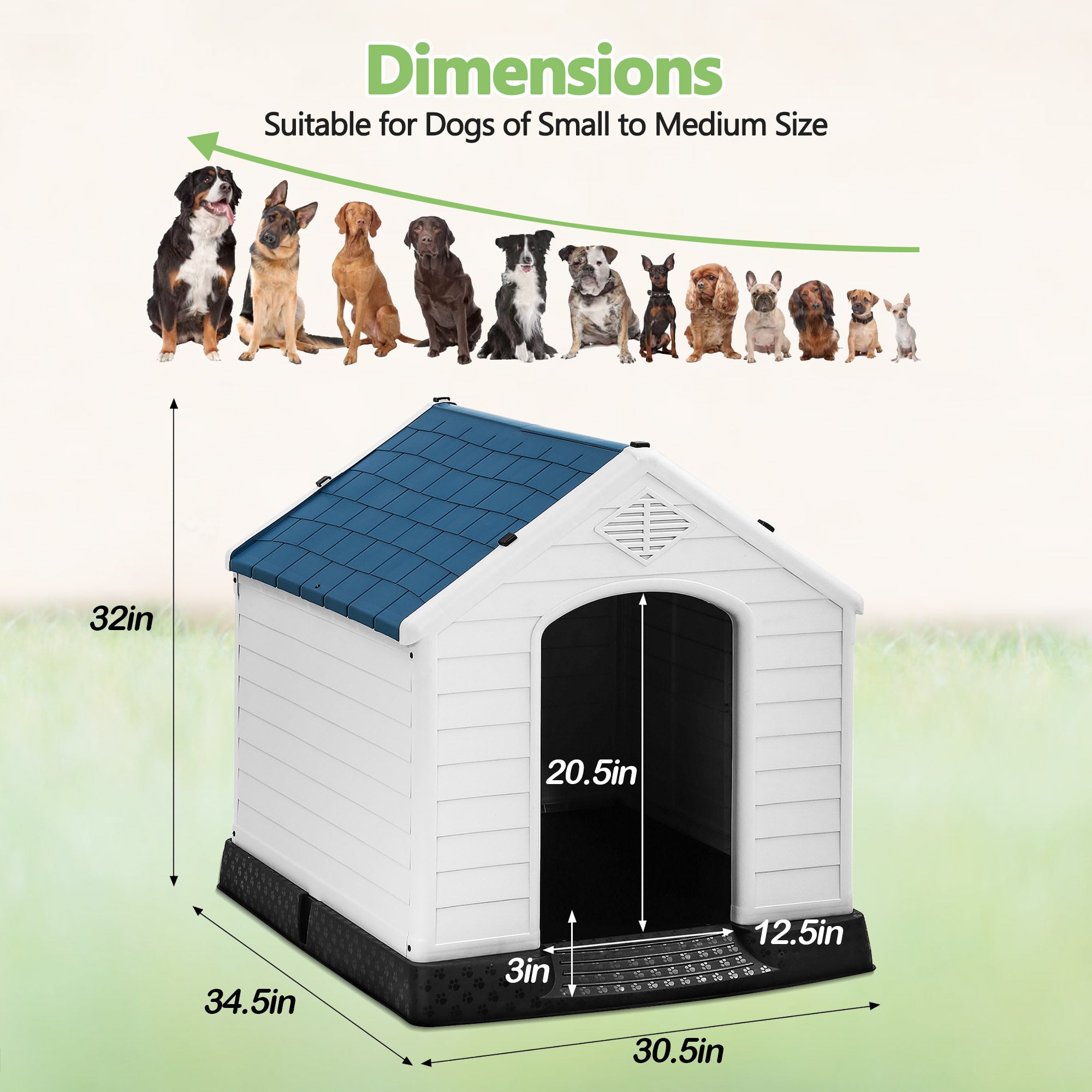 YRLLENSDAN 41/27/ 35 inch Plastic Large Dog House Outdoor， Waterproof Dog Houses for Medium Dogs House with Air Vents and Elevated Floor Indoor Weatherproof Doghouse for Small Dog