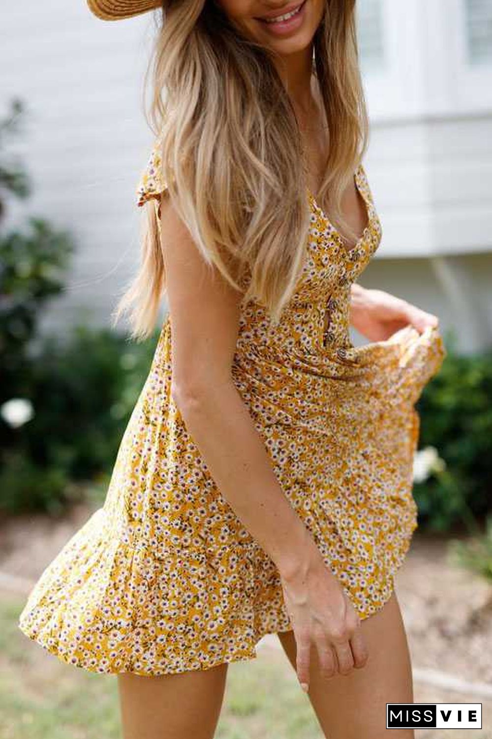 Cute Ditsy Floral Prints V Neck Button Through Mini Dress