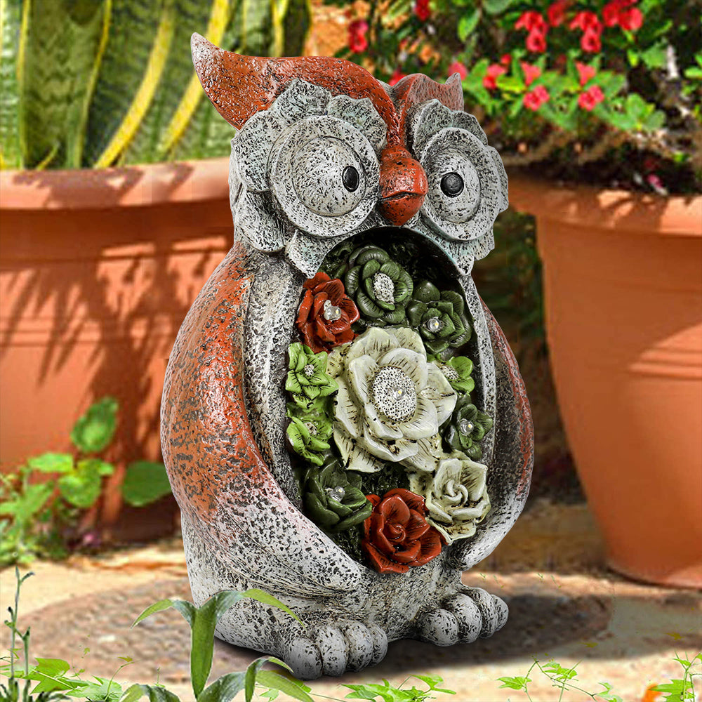 Garden Statue Owl Figurine - Resin Statue with Solar LED Lights for Patio Yard Art Decor, Lawn Ornaments, Indoor Outdoor Decorations