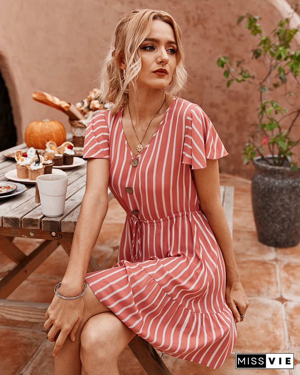 Short Sleeve Striped Short Dress