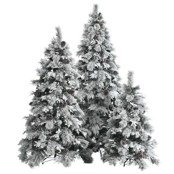 PreLit Snow Flocked Christmas Tree Set，4FT 6FT 7.5FT，PE and PVC Mixed Leaves，Hinged Tree 820 LED Lights，11 Flashing Modes