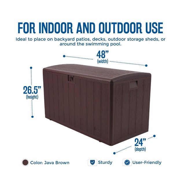 Plastic Development Group 105 gallon Weather resistant Resin Outdoor Patio Storage Deck Box With Lid Retainer Straps Java Brown