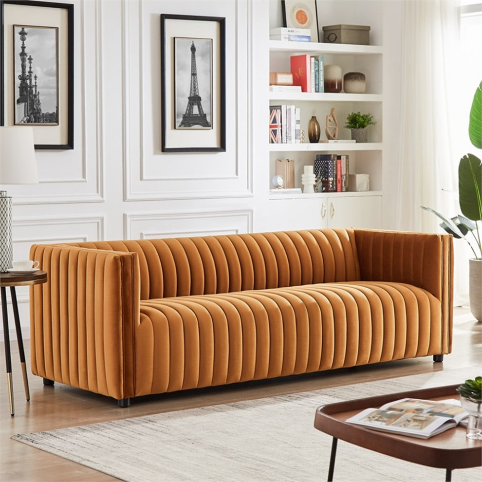 Sier Mid Century Modern Luxury Velvet Sofa Couch in Cognac   Contemporary   Sofas   by Homesquare  Houzz