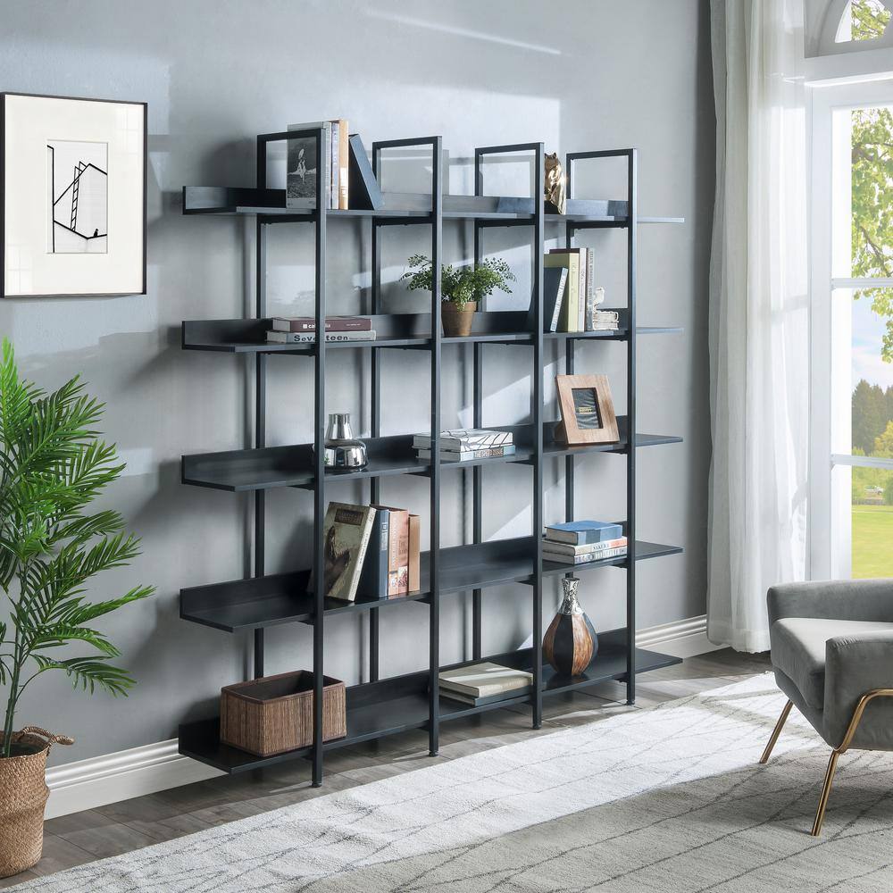 Harper  Bright Designs 70.9 in. H x 70.9 in. W Black Industrial Style 5 Tier Open Bookshelf with Metal Frame FSX005AAB