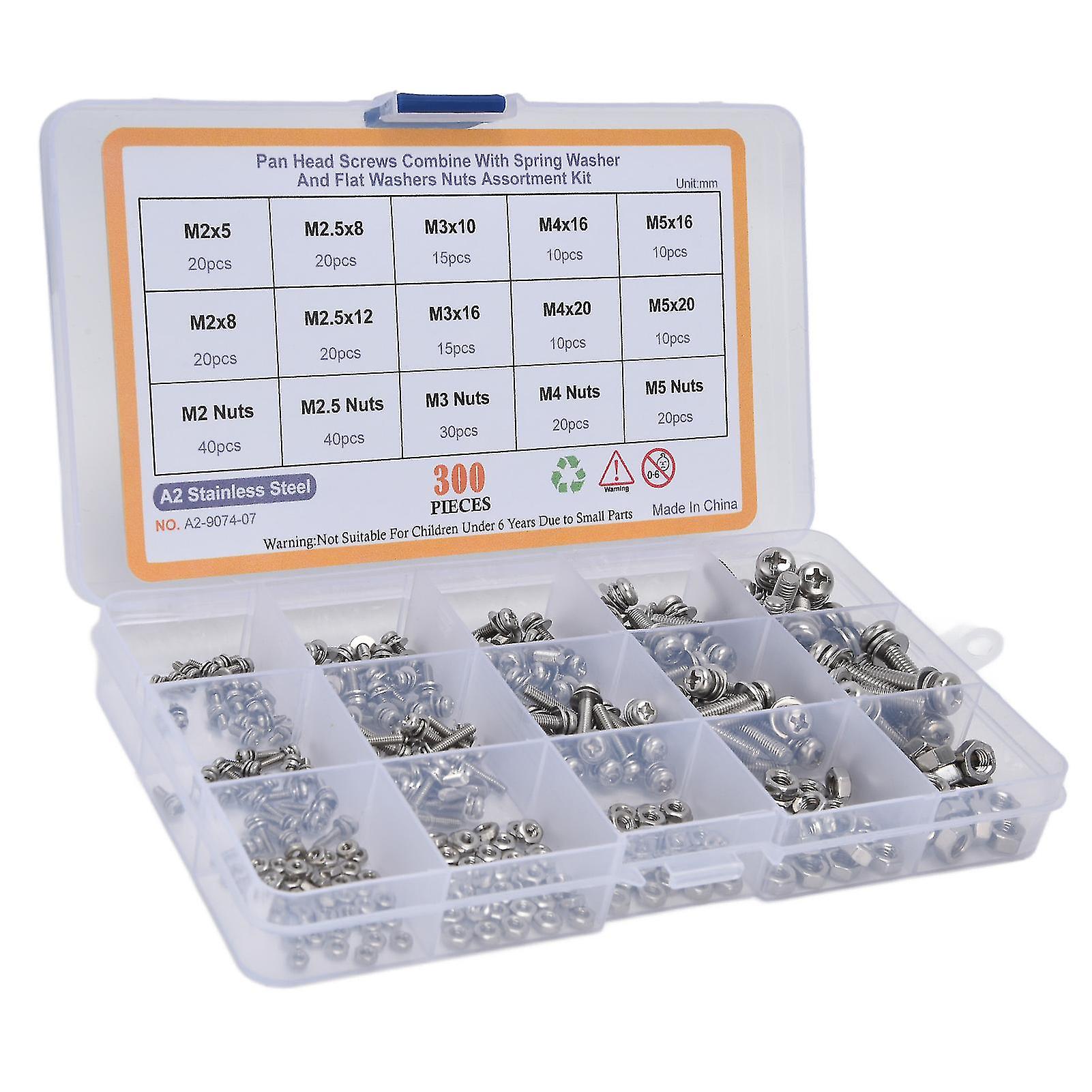 300Pcs Screws Washer Nuts Kit 304 Stainless Steel Cross Pan Head Screw for Professionals