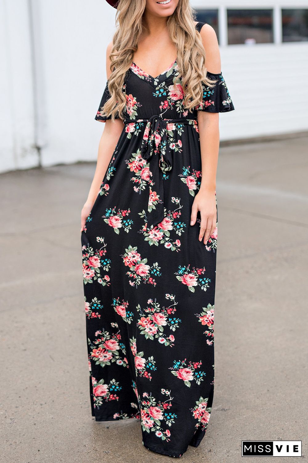 Black Cold Shoulder High Waist Floral Dress with Belt