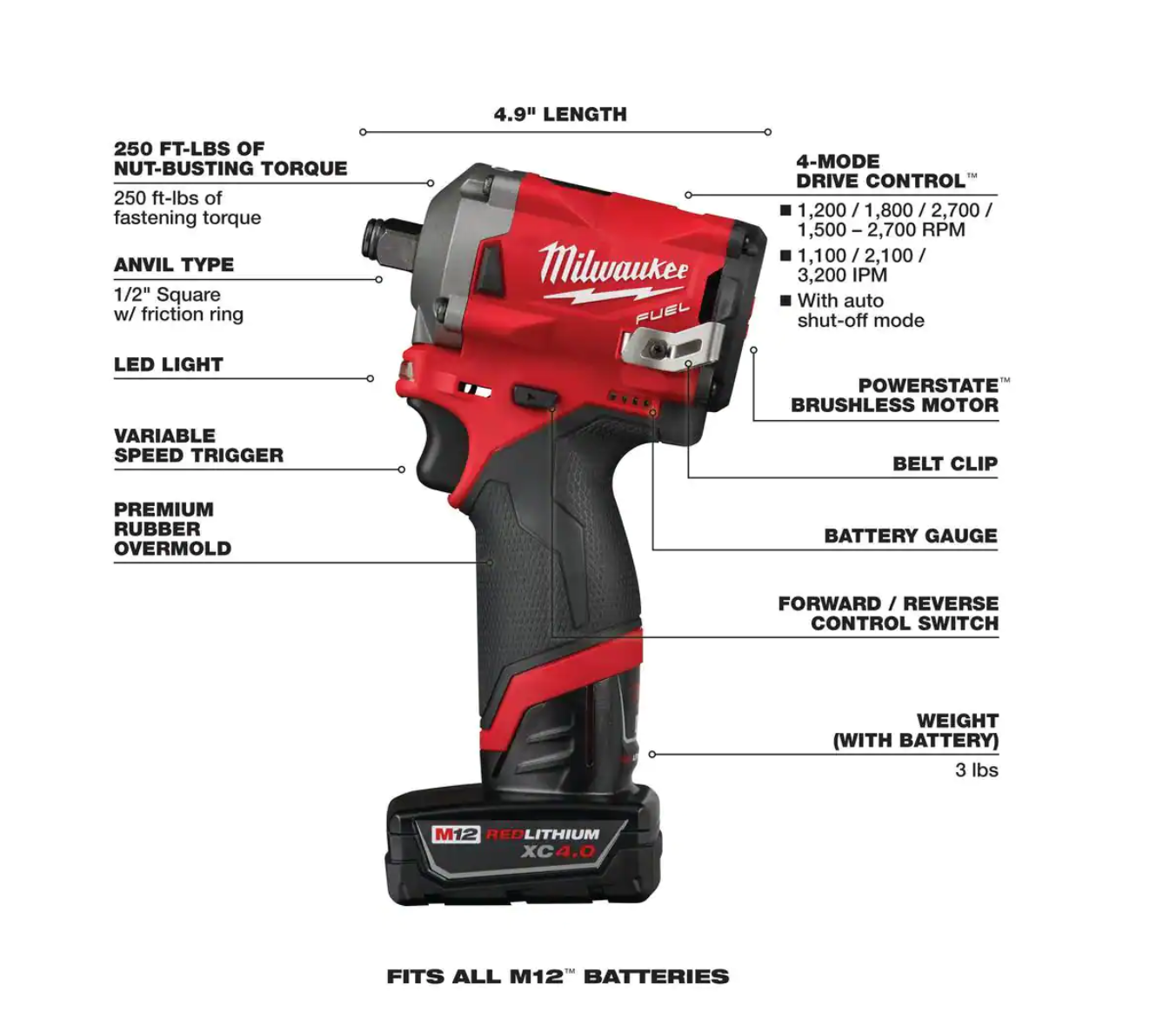 Milwaukee 2555-22-2457-20 M12 FUEL 12V Lithium-Ion Brushless Cordless Stubby 1/2 in. Impact Wrench Kit with M12 3/8 in. Ratchet