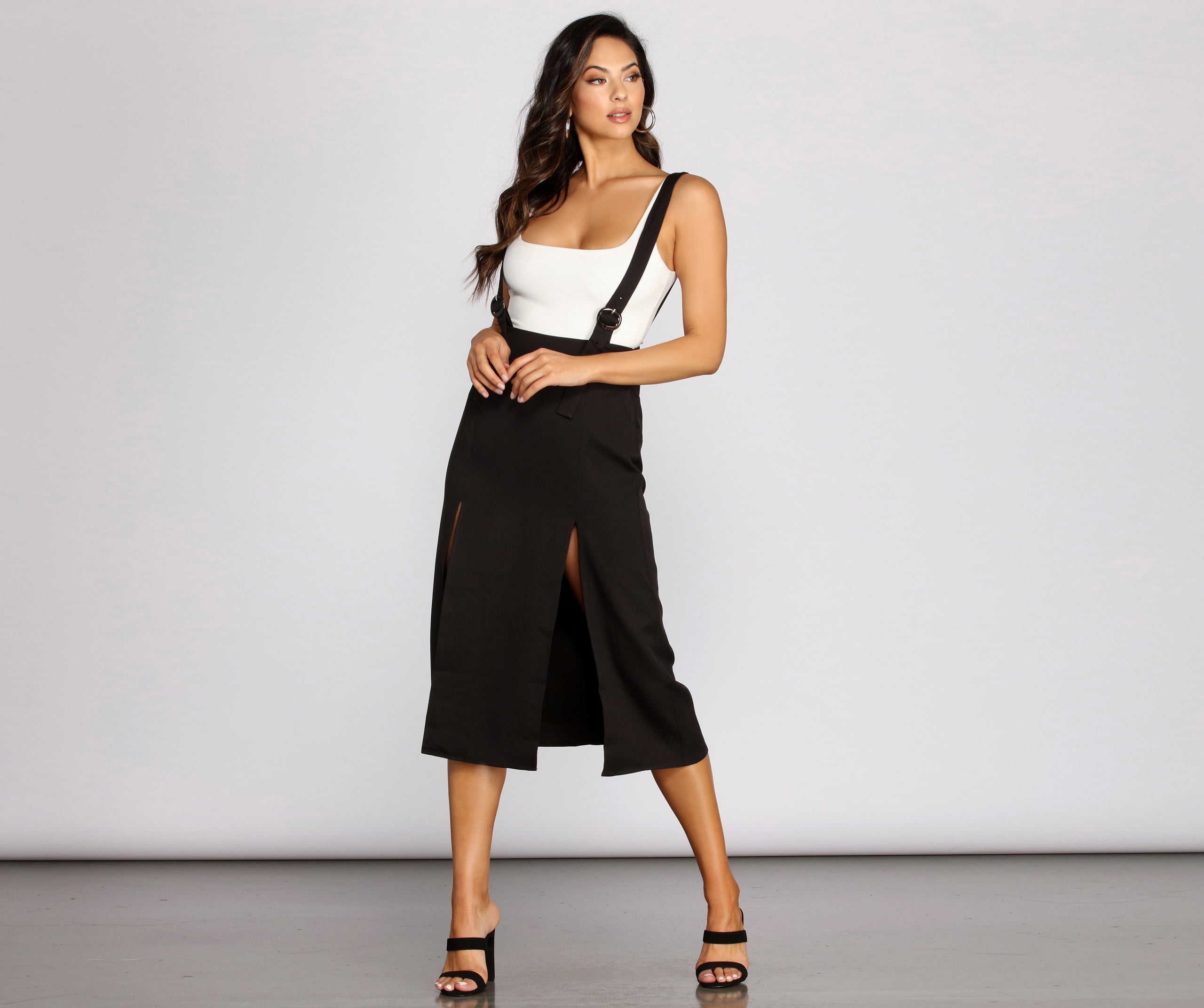 High Slit Suspender Midi Skirt