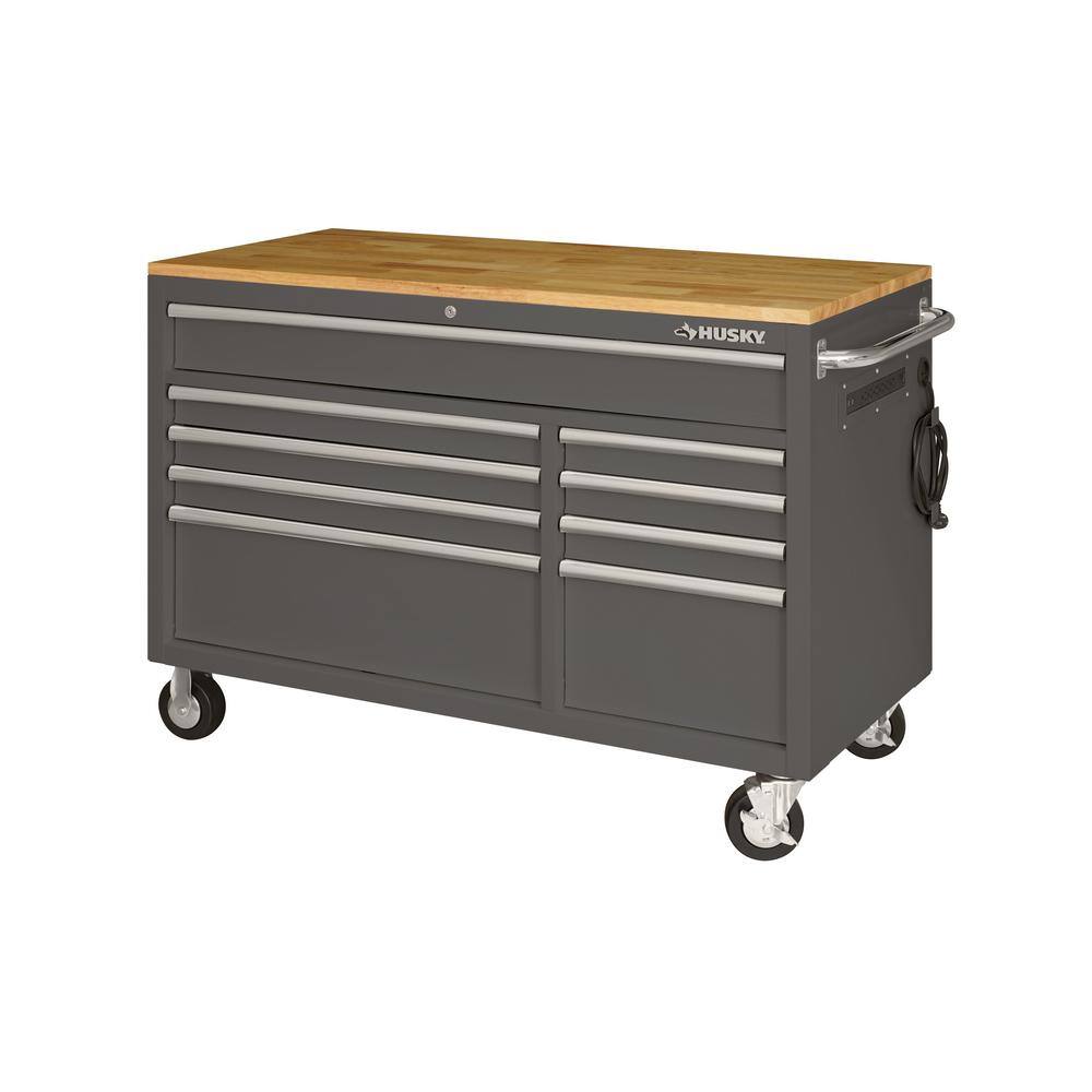 Husky 52 in. W x 25 in. D Standard Duty 9-Drawer Mobile Workbench Cabinet with Solid Wood Top in Gloss Gray HOTC5209B41M