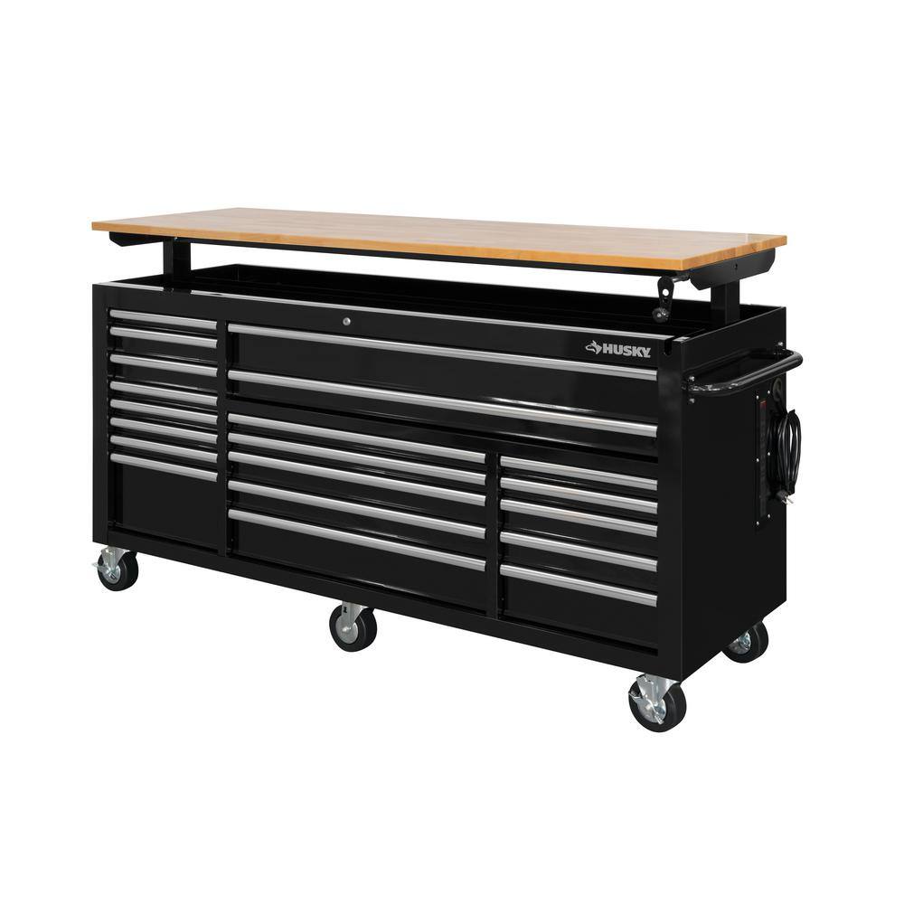 Husky 72 in. x 24.1 in. D 20-Drawer Mobile Workbench with Adjustable Height Solid Wood Top in Gloss Black HOLC7220B11M