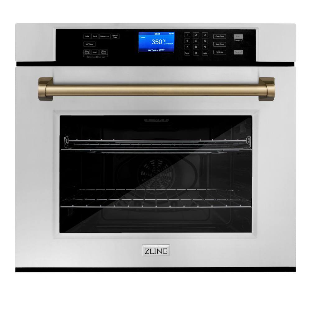 ZLINE Kitchen and Bath Autograph Edition 30 in. Single Electric Wall Oven with True Convection and Champagne Bronze Handle in Stainless Steel AWSZ-30-CB