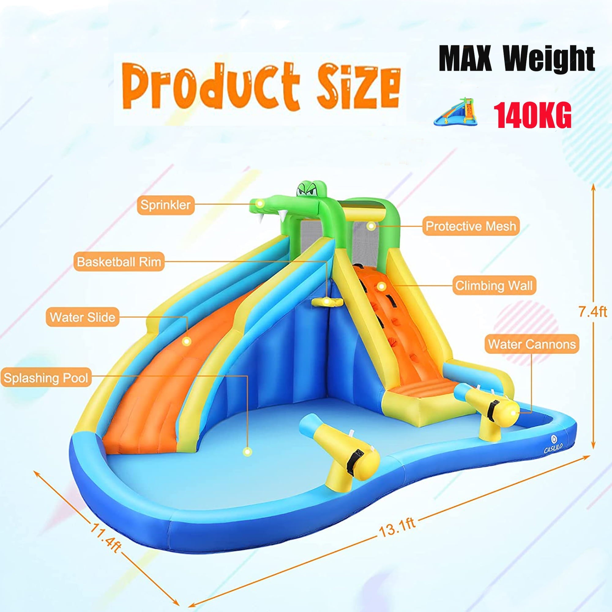 Inflatable Bounce House with Spray Pool, 2 Water Guns, Climbing Wall, Basketball Hoop, and Inflatable Water Slide with UL Air Blower, for Wet and Dry  Bouncy House(Gift for Kids)