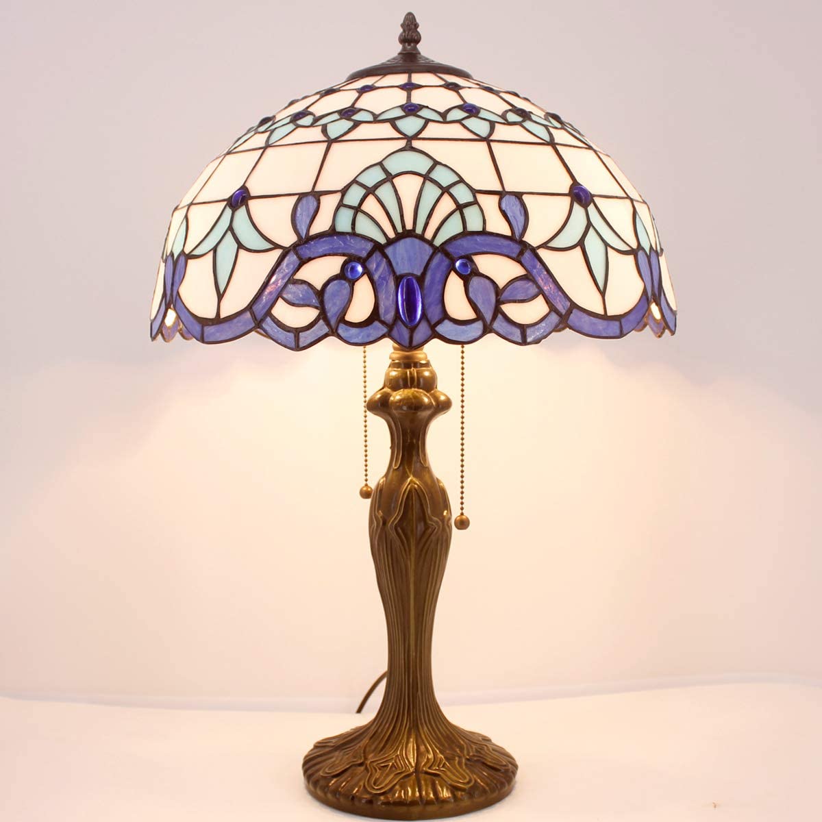 Tiffany Lamp Blue Navy White Stained Glass Baroque Bedside Table Lamp Style Desk Light Metal Base 16X16X24 Inches Decor Bedroom Living Room Home Office S003B Series