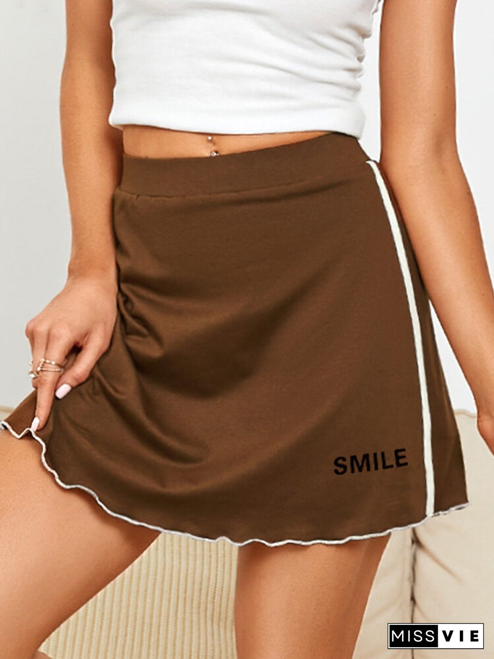 Letters Graphic Lettuce Trim Casual Skirt For Women