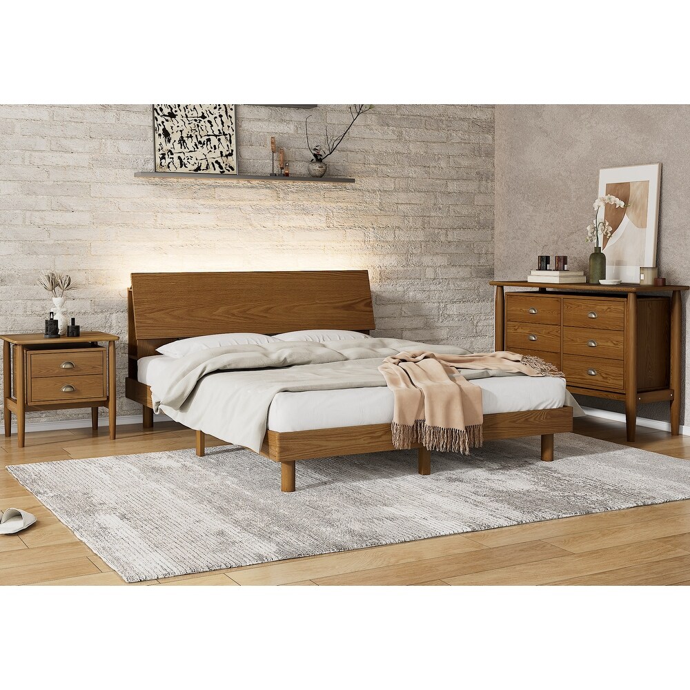 3 Pieces Bedroom Sets  Mid Century Platform Queen Bed with Bookshelf and LED Lights and USB Port with Nightstand and Dresser