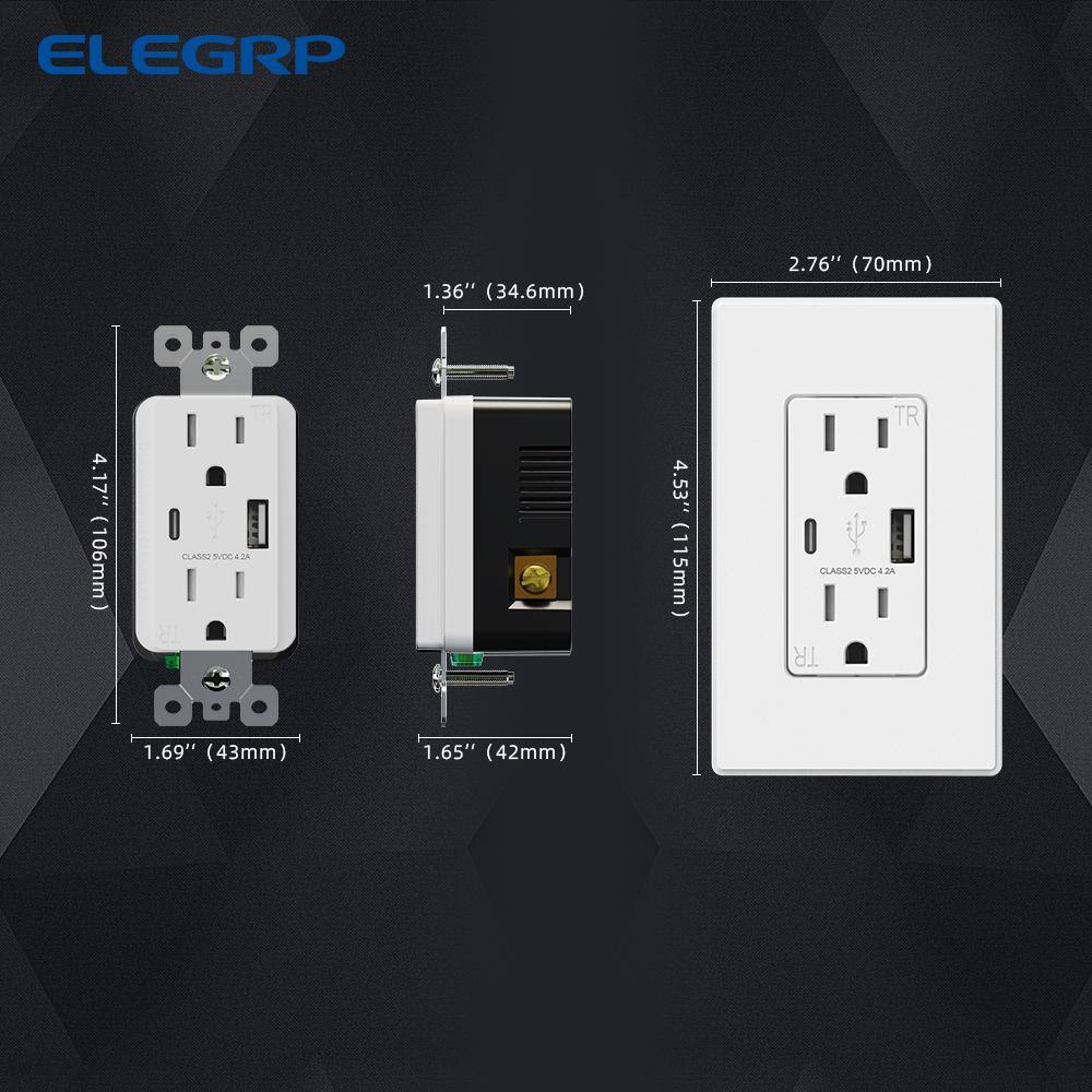 ELEGRP 4.2 Amp Type A  Type C USB Charger Wall Outlet 15 Amp Duplex Tamper Resistant Outlet with Wall Plate White（10 Pack） ER16142AC-0110