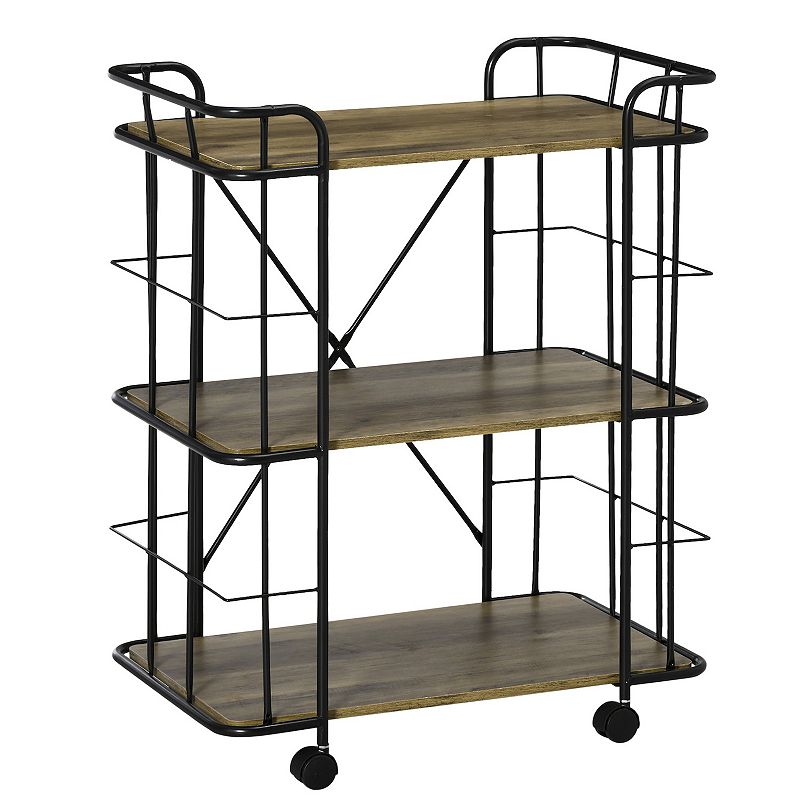 HOMCOM 25 Rolling Kitchen Cart Kitchen Storage Trolley with 3 Shelves for Dining Room Laundry Room and Bathroom Natural