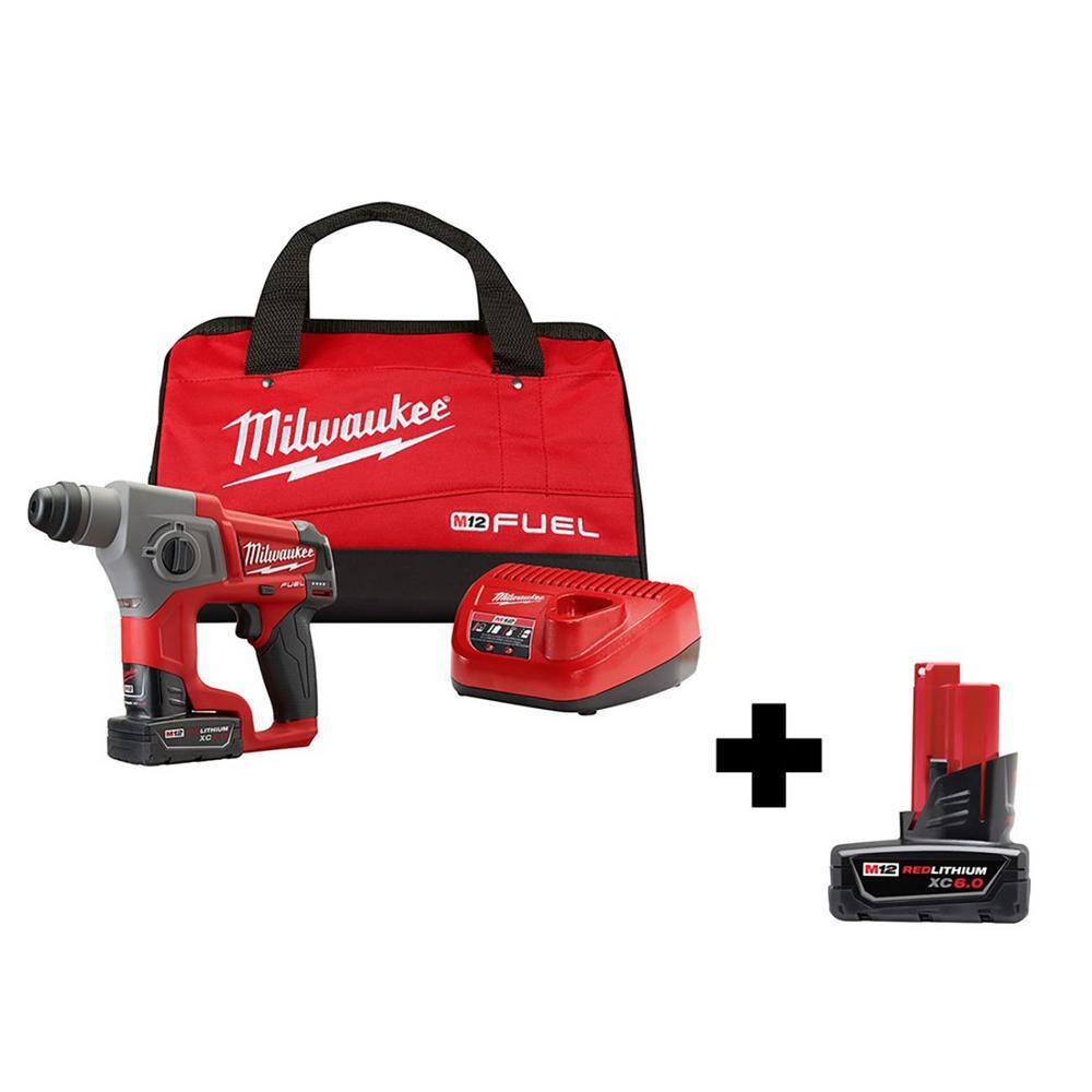 MW M12 FUEL 12V Lithium-Ion Brushless Cordless 58 in. SDS-Plus Rotary Hammer Kit with 6.0Ah Battery 2416-21XC-48-11-2460