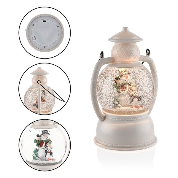 Alpine Corporation 8H Indoor White Christmas Snow Globe Lantern with Warm White LED Light