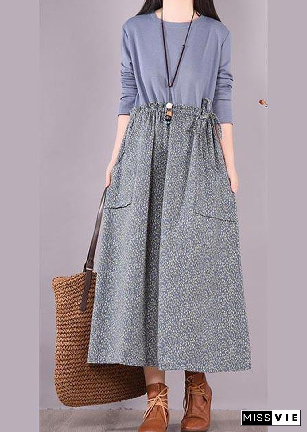 Elegant O Neck Spring Wardrobes Sewing Blue Patchwork Print Art Dresses