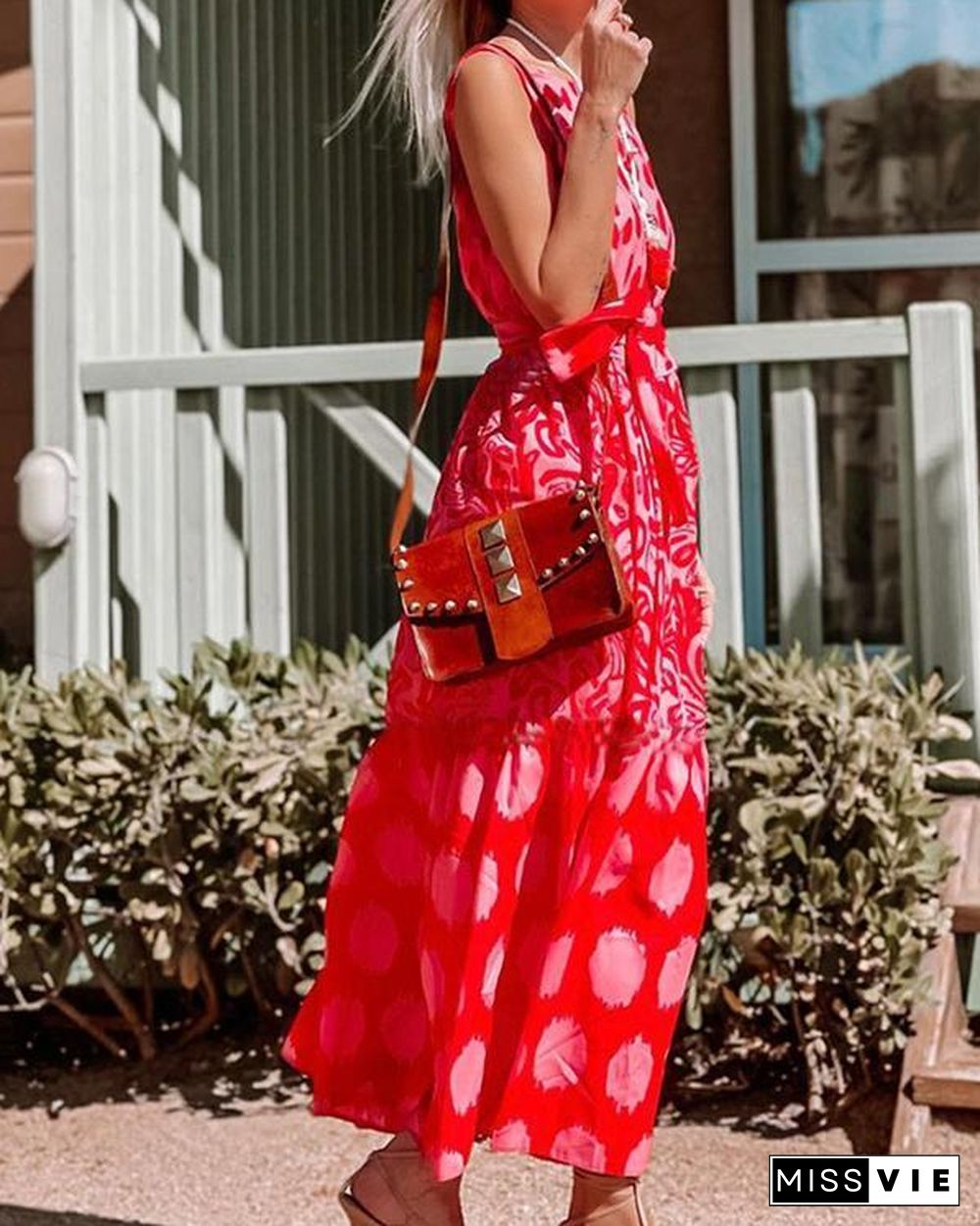 Fashion Red Print Sleeveless Maxi dress