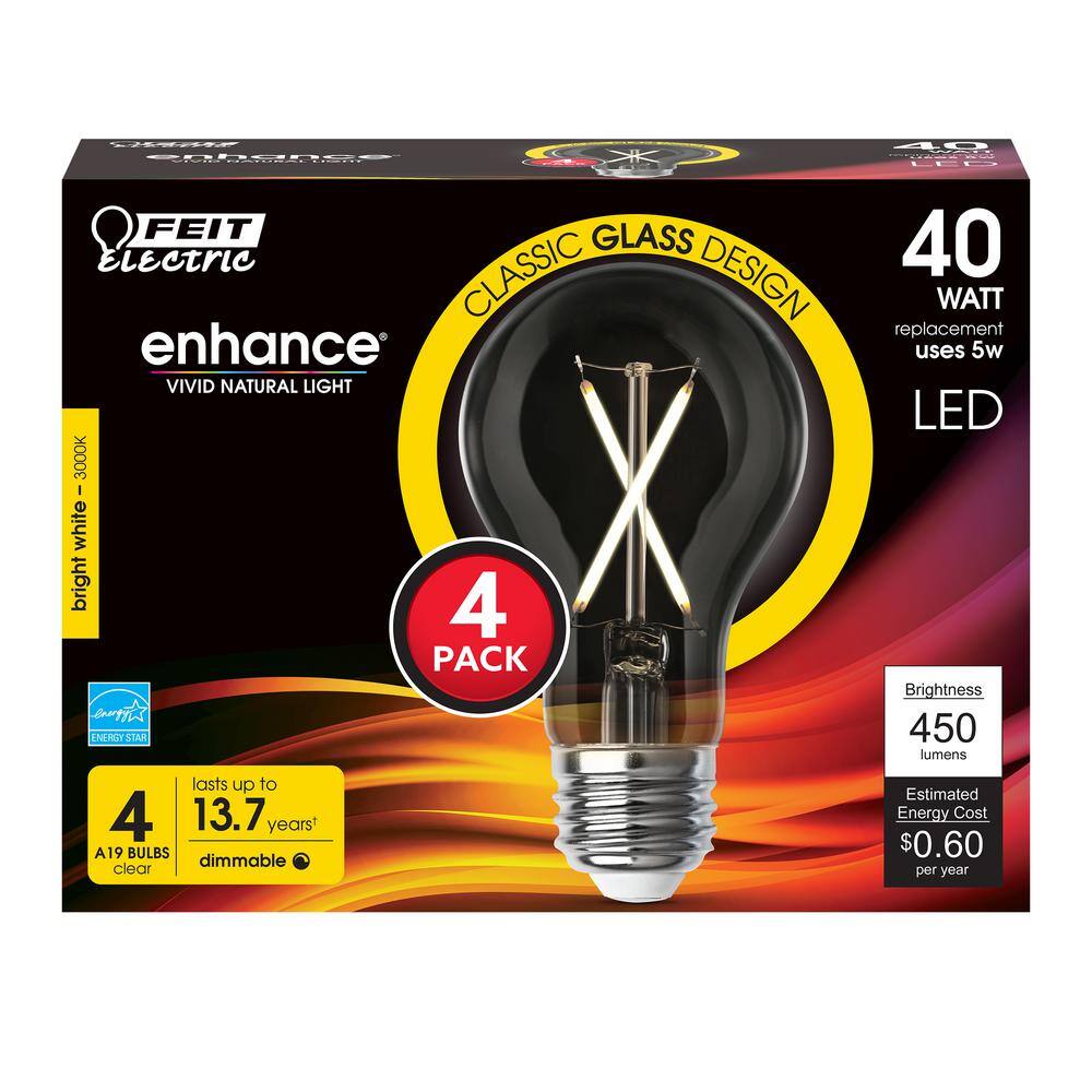 Feit Electric 40-Watt Equivalent A19 Dimmable Filament CEC 90+ CRI Clear Glass LED Light Bulb Bright White 3000K (4-Pack) A1940CL930CAFIL4