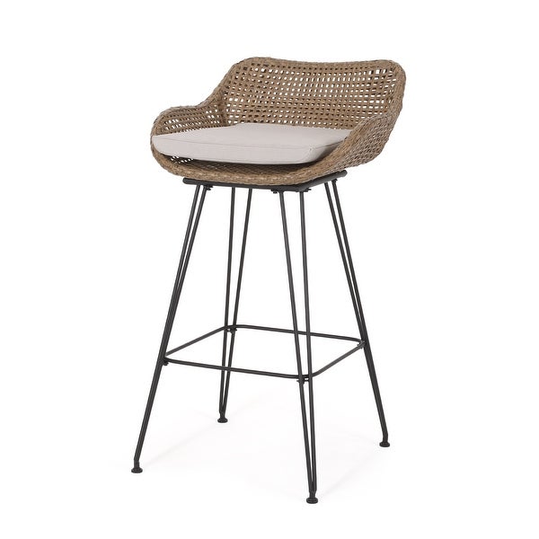 Verano Wicker and Metal Outdoor Barstools with Cushion， Set of 2， Mixed Brown and Beige