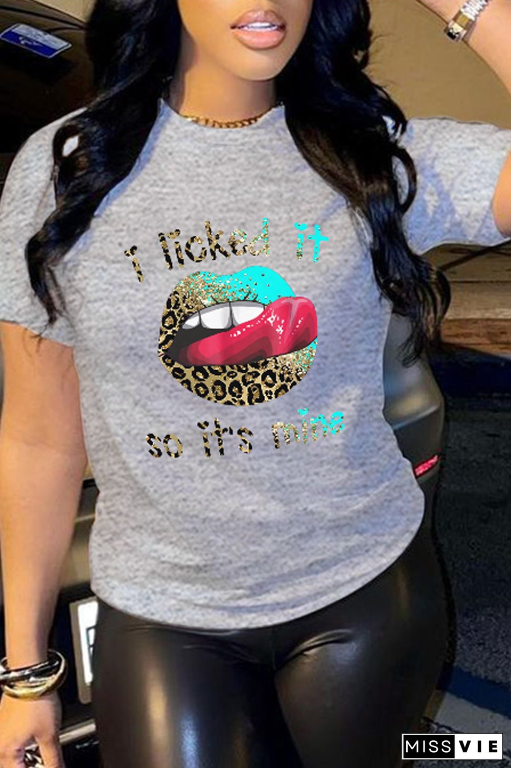 Black Casual Street Print Lips Printed Patchwork O Neck T-Shirts