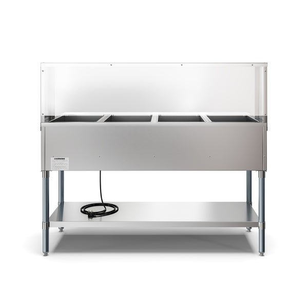 4-Pan Open Well Commercial Electric Stainless Steel Steam Table with Sneeze Guard， Warming Control Knobs， Front Serving Area