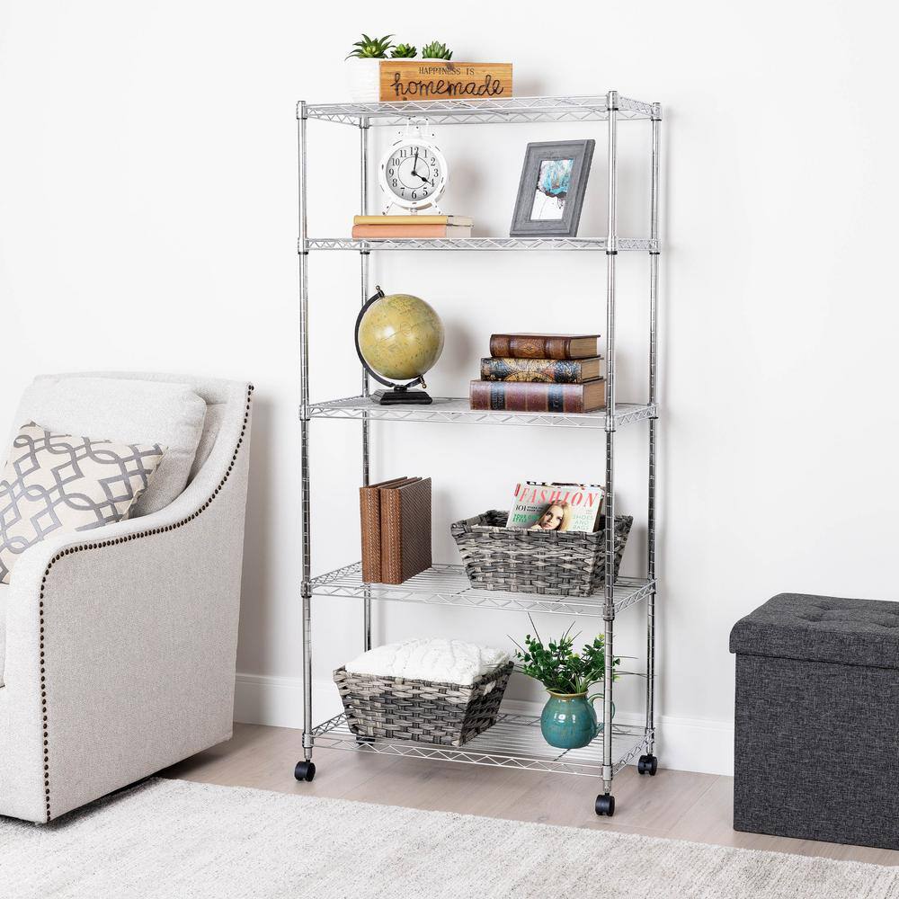 Seville Classics Silver 5-Tier Steel Wire Shelving Unit with Wheels (30 in. W x 60 in. H x 14 in. D) WEB930