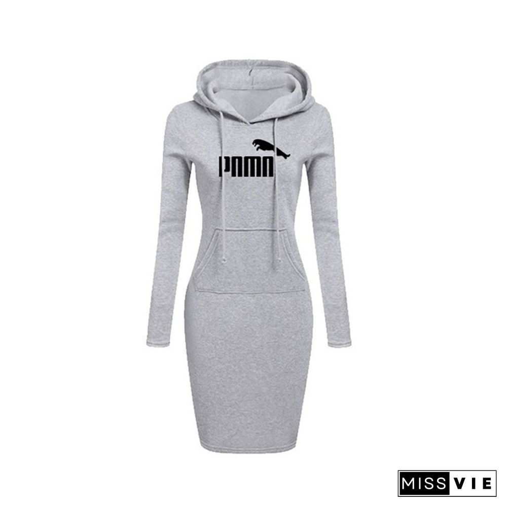 New Women Hoodie Dress Brand Printsd Long Sleeve Hoodie Casual Hooded Jumper Pockets Sweater Tops