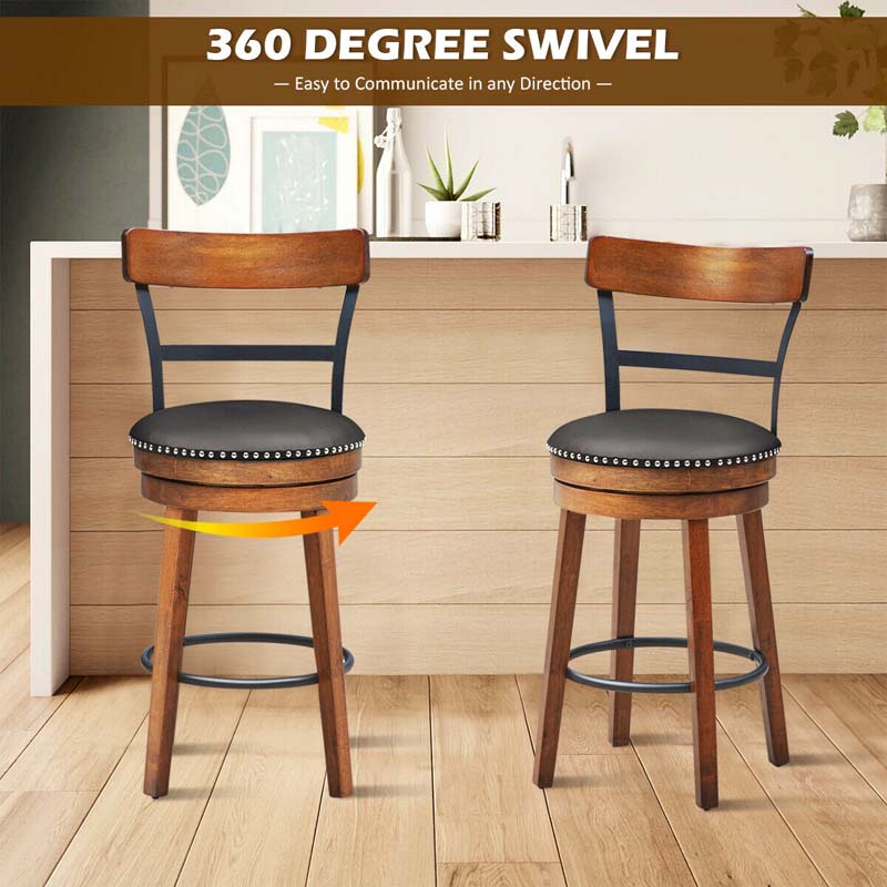 2-Pack 25.5 Wooden Swivel Bar Stools Counter Height Pub Kitchen Dining Chairs with Leather Padded Seat