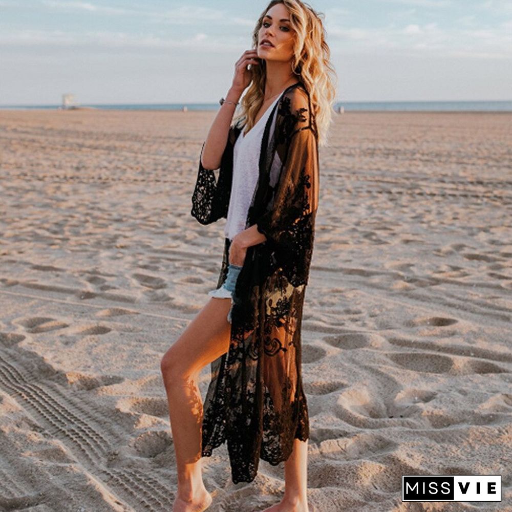 Women Summer Lace Beach Kimono Cardigan Feminino Embroidery Blouse Long Shirt Black White Camisa Feminina Tunic Outerwear