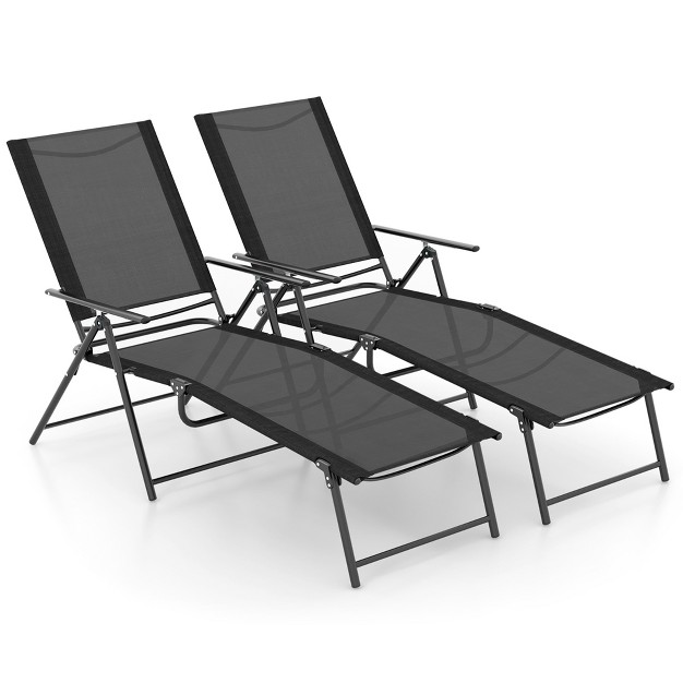 Costway 2 Piece Patio Folding Chaise Lounge Chairs With 6 level Backrest Reclining Chairs Tan black grey