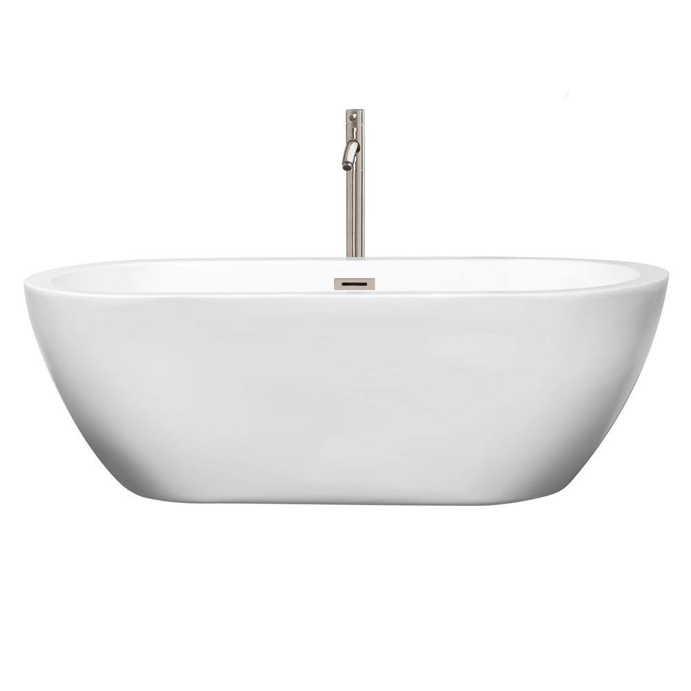 Wyndham Collection Soho 68 in. Acrylic Flatbottom Center Drain Soaking Tub in White with Floor Mounted Faucet in Brushed Nickel WCOBT100268ATP11BN