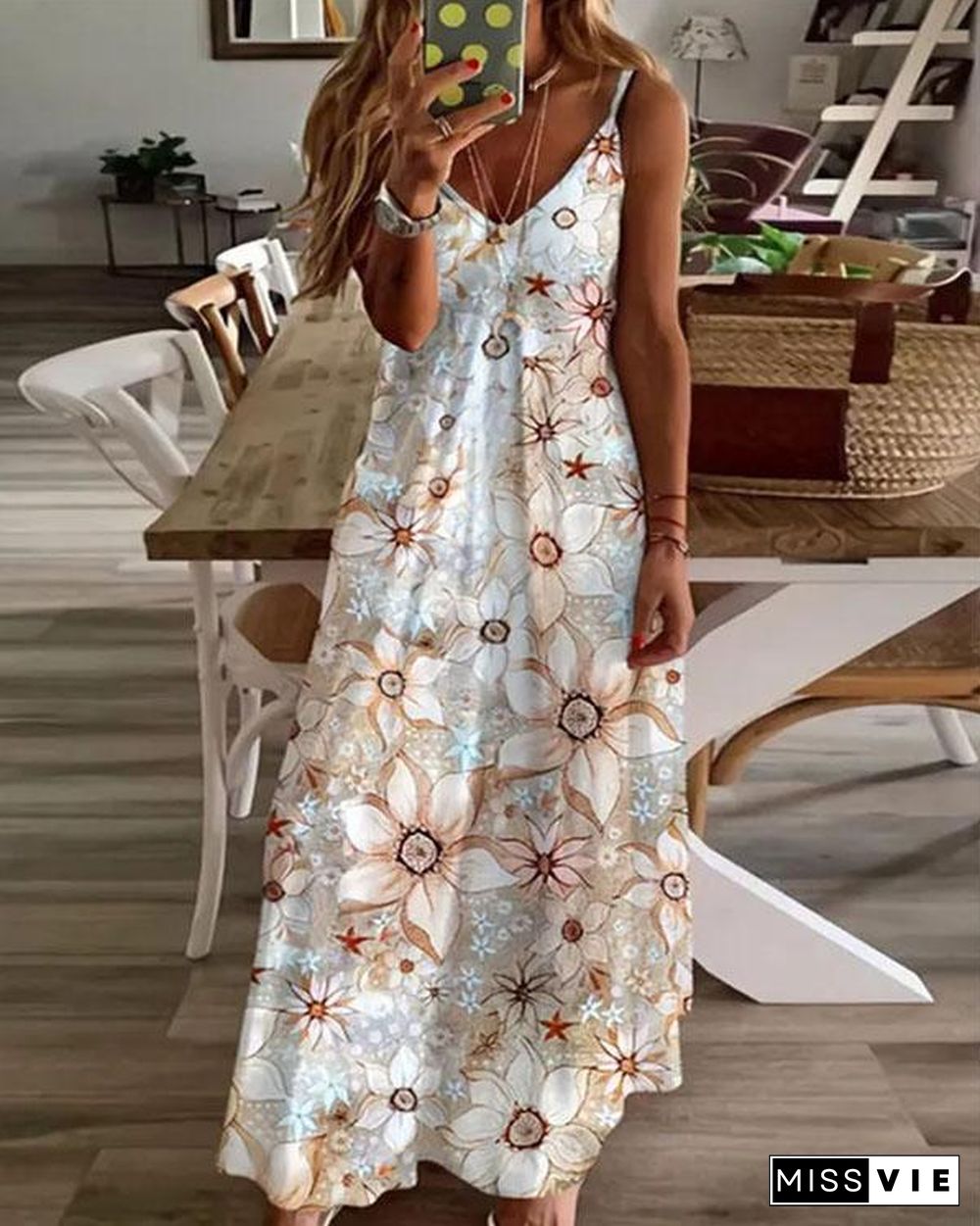 Slip Camellia Flower Print Maxi Dress