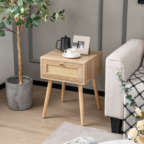 Gymax Nightstand Bedside End Sofa Table with Rattan Drawer for Bedroom