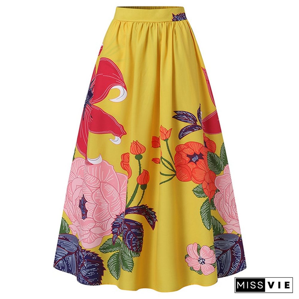 Fashion Women Floral Printed Maxi Skirt High Waist Party Casual Umbrella Long Skirt Dress Plus Size