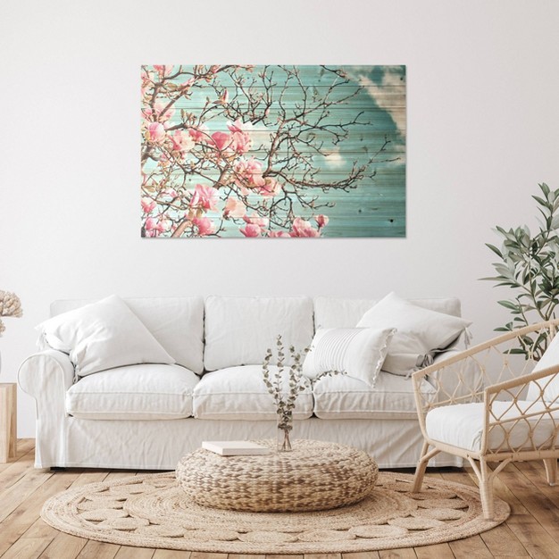 X 36 quot Magnolia Blossom Print On Planked Wood Wall Sign Panel Light Blue pink Gallery 57