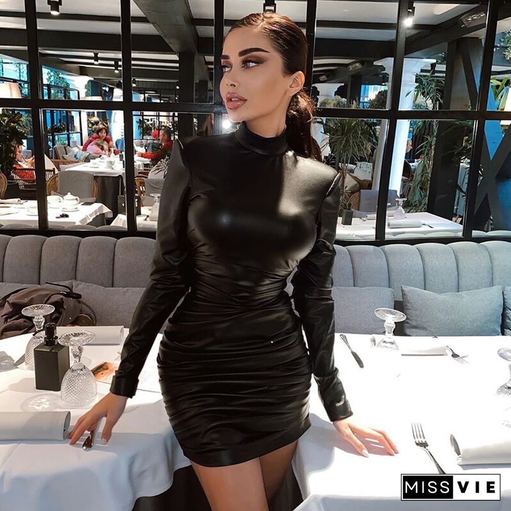 Pu Leather Mini Dress Ruched Turtleneck Long Sleeve Bodycon Bandage Sexy Streetwear Party Elegant Autumn Winter Club