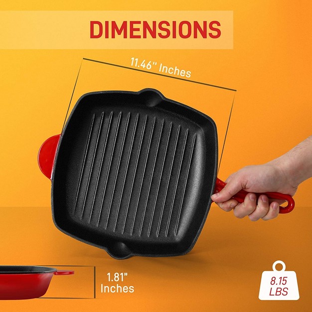 Nutrichef 11 Inch Square Nonstick Cast Iron Skillet Griddle Grill Pan With Porcelain Enamel Coating Side Pour Spouts And Ridged Interior Red